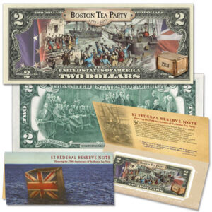 $2 Colorized Note of the Boston Tea Party - Littleton Coin Blog