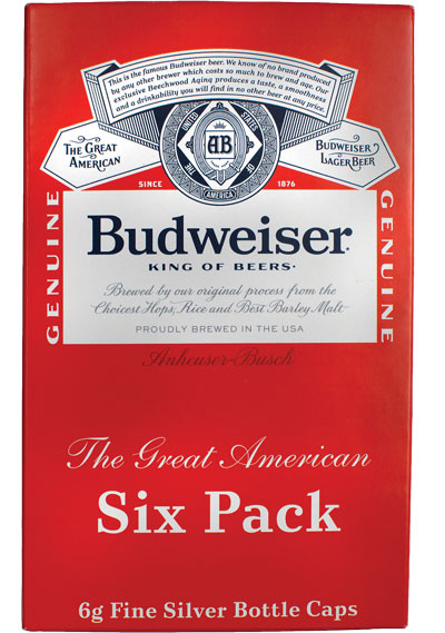 Budweiser Silver Bottle Cap Six Pack with Box - Anheuser-Busch - Littleton Coin Blog