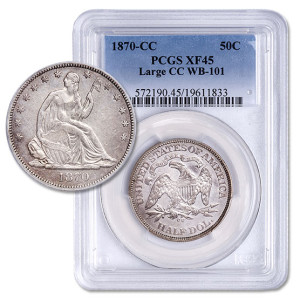 An 1870-CC half solar graded PCGS XF-45 with the same die marriage as seen on David Sundman's canceled die.