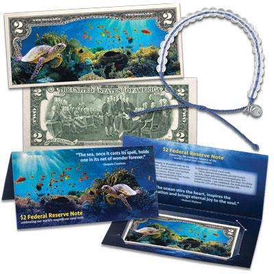Colorized $2 Federal Reserve Note - Coral Reef with 4ocean Bracelet - Littleton Coin Blog