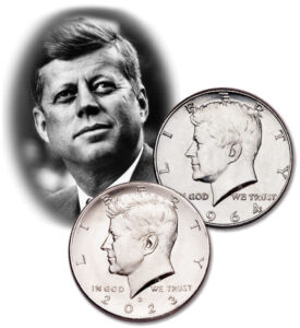 Portrait of JFK with first year 1964 and this year, 2023 Kennedy Half Dollars. - Littleton Coin Blog