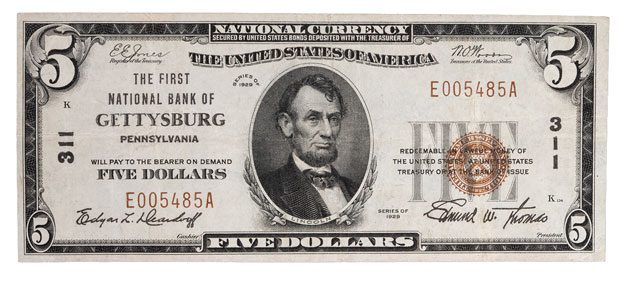 $5.00 National Bank Note, First National Bank of Gettysburg - Littleton Coin Blog